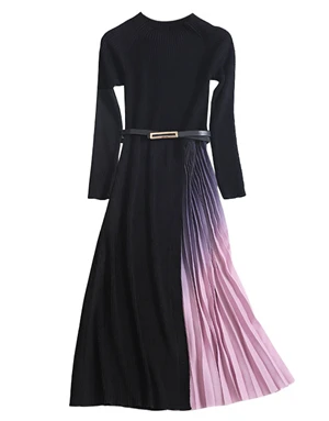 Вязаное женское платье в стиле пэчворк, плиссированное, с круглым вырезом, с длинными рукавами, с поясом, для работы, градиентное платье, стиль, мода - Цвет: As picture