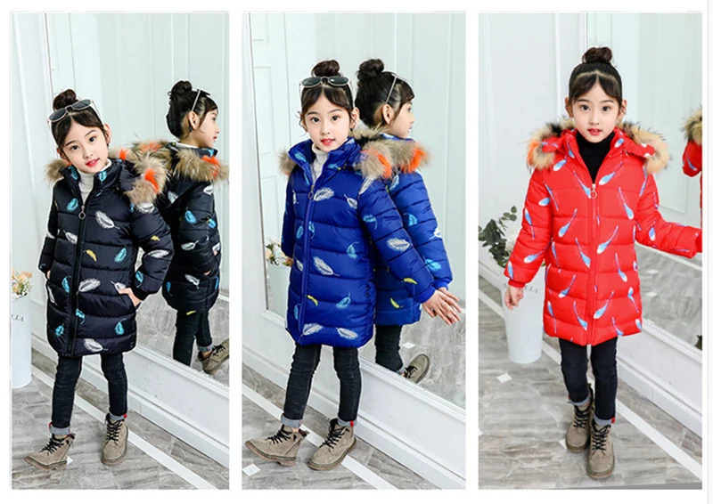 Новое модное Утепленное зимнее Детское пальто с меховым воротником детская верхняя одежда с принтом перьев ветрозащитные куртки для девочек от 5 до 13 лет