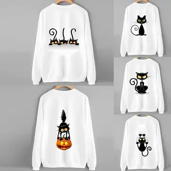 

Cartoon Halloween Pumpkin Cats Print Crew Neck Long Sleeve Sweatshirt Pullover Jacket Sweatshirt For Women Hooded Sweatshirt