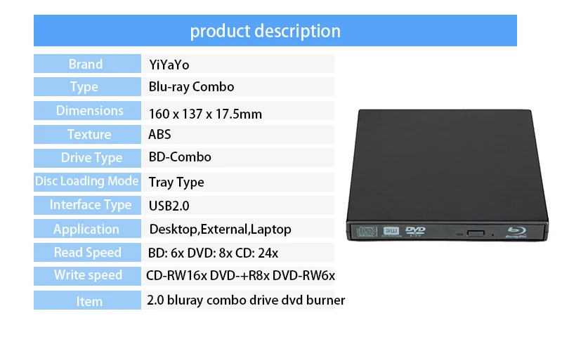 BD-ROM Bluray привод USB 2,0 Burner Писатель Оптический привод Портативный Внешний Blu ray плеер CD/DVD RW для hp ноутбук Apple