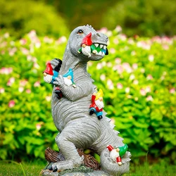 Resin Dinosaur Dwarf Figurine Statue Funny Dinosaur Eating Gnome Statue Cartoon Sculpture for Outdoor Garden Ornament Home Decor