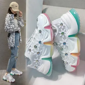 

Summer New Women Shoes 2020 Fashion Chunky Sneakers Crystal Platform White Sneakers Casual Dad Shoes