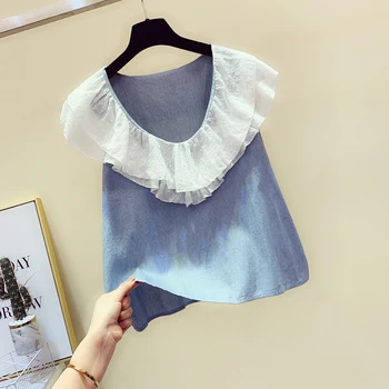 

2020 Summer Wear Korean-style Elegant Women T-shirts Loose-Fit Lace Joint V-neck Flounced Sleeveless Stripes T-shirt Women's