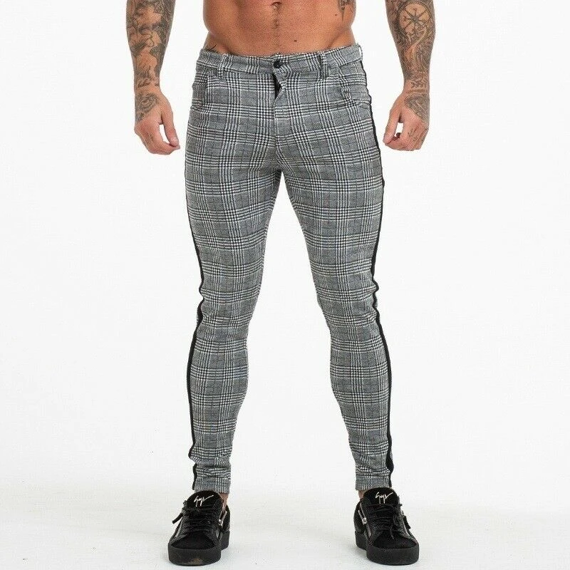 Men s casual grid skinny long pants Clearance