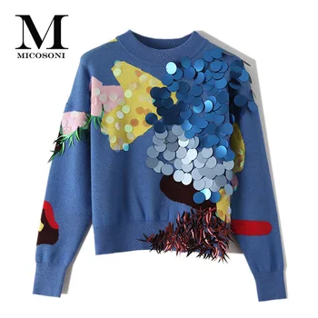 

2020 Spring Autumn New Hit Color Pattern Handmade Beaded Three-dimensional Sequinned Sweater Pullover Women's Clothing Sweater