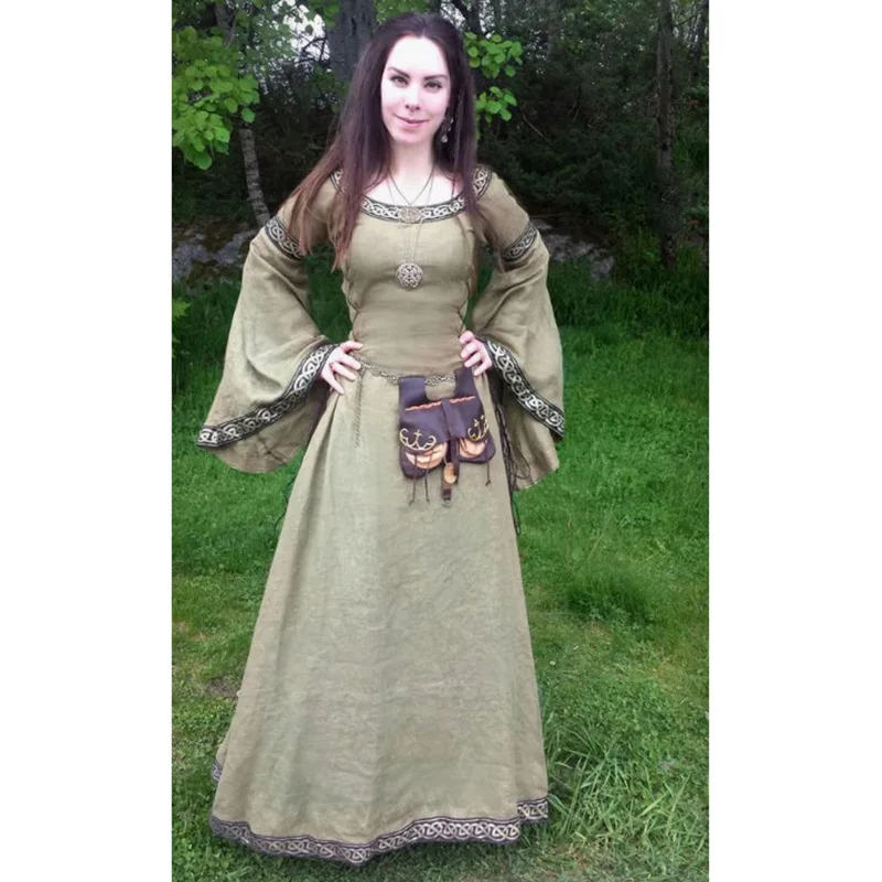  Vestido medieval para mujer, disfraz de manga larga acampanada  a cuadros, vestido de campesino, vestido largo renacentista, Marrón, S :  Ropa, Zapatos y Joyería