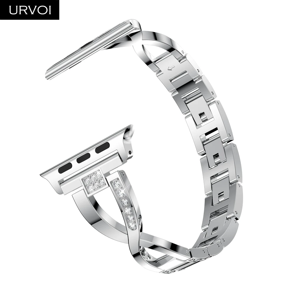 Silver URVOI link браслет для apple watch 4 3 ремешок для iwatch из нержавеющей стали 40 мм 44 мм страз модный дизайн для девочек цепь - Цвет ремешка: Silver