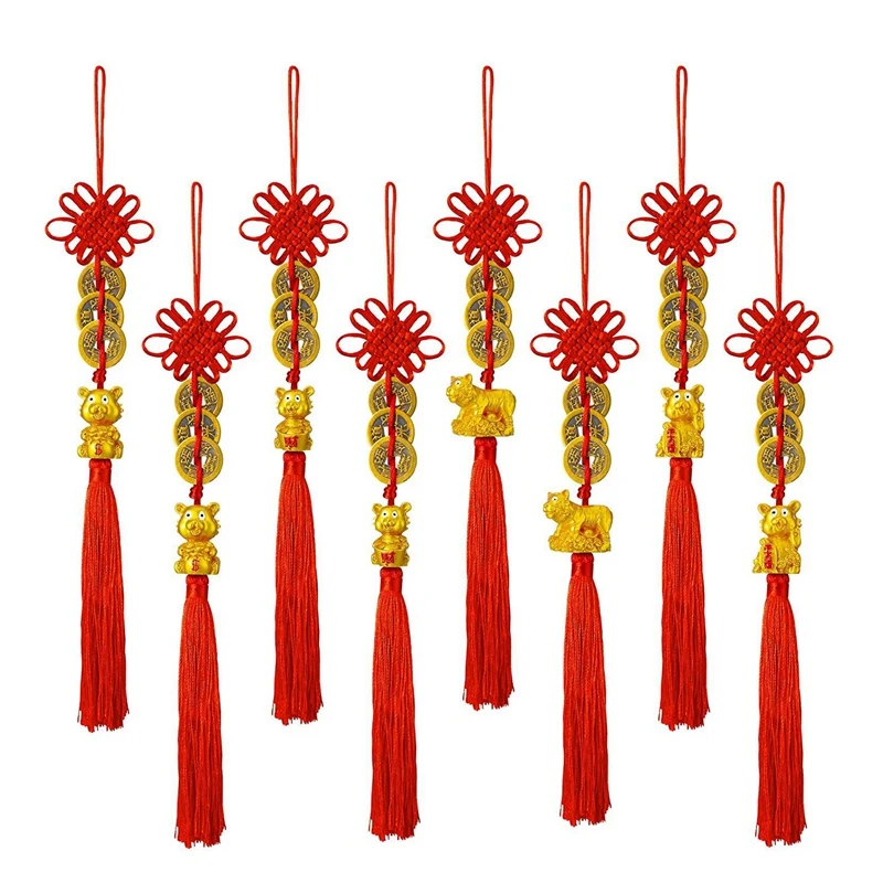 8 PCS Chinese Knot Tassel Hanging Pendant 2022 New Year Tiger Feng Shui Coins Lucky Charm Decoration For Home Office | Дом и сад