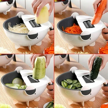

Kitchen Veggie Shredder Grater Slicer Free Peeler Multi Manual Slicer Rotate Vegetable Cutter With Drain Basket Multi-function
