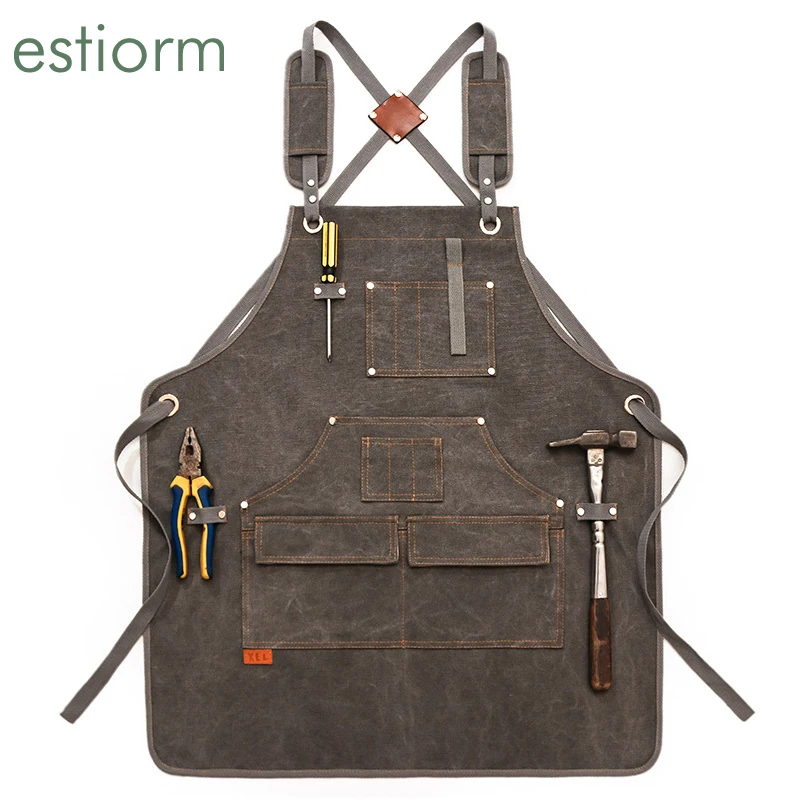 Durable Heavy Duty Canvas Work Apron With Tool Pockets,crossback