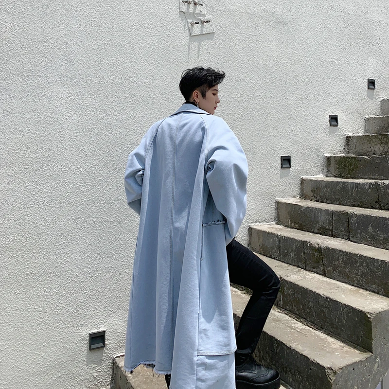 Мужской джинсовый Тренч с несимметричным подолом, пальто, Мужская винтажная уличная одежда в стиле панк, длинная джинсовая ветровка