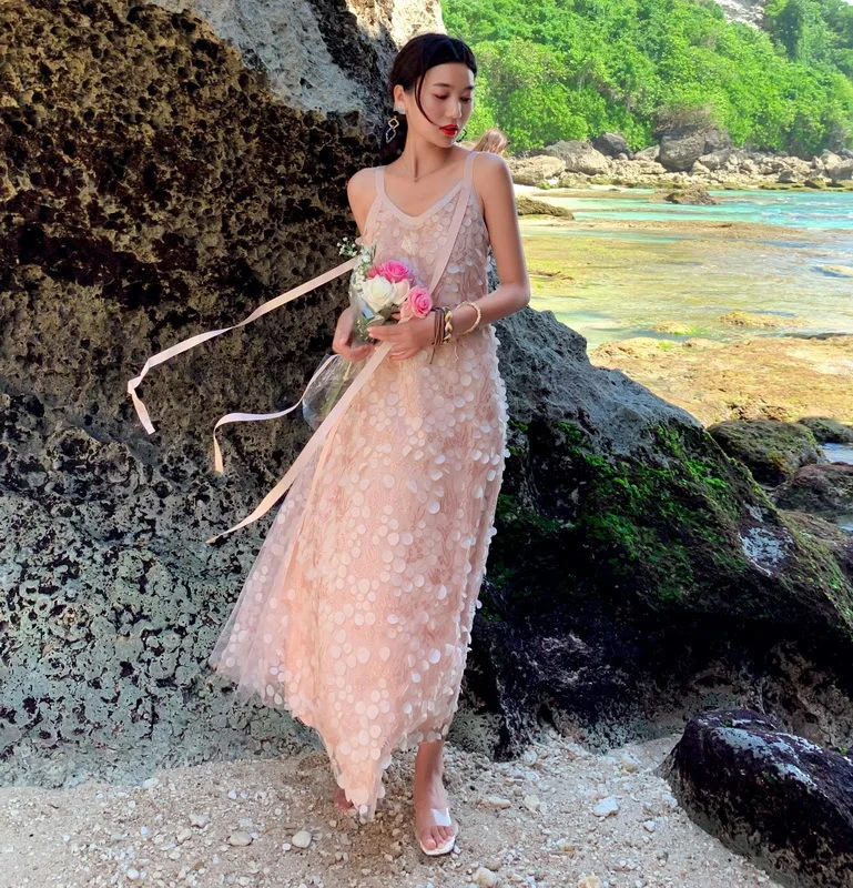 

2019 Spring New Style WOMEN'S Tank Top Pink Dress Bohemian Beach Skirt Seaside Holiday Elegant Long Skirts Women's