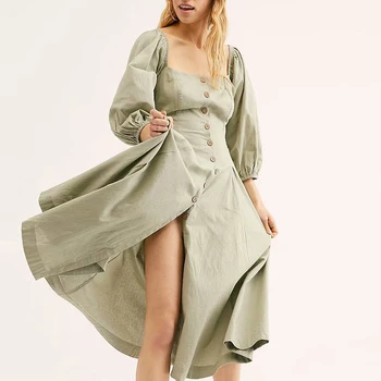 

KIYUMI Women Dress Cardigan Solid Color Casual Dresses A-Line Front Button Autumn Long Sleeves Off-the-shoulder Sexy Party Dress