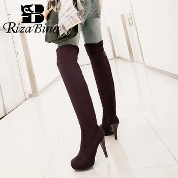 

RIZABINA Black Boots Over The Knee Boots Women Slip On Thin High Heels Shoes Winter Warm Simple Women Footwear Size 34-43