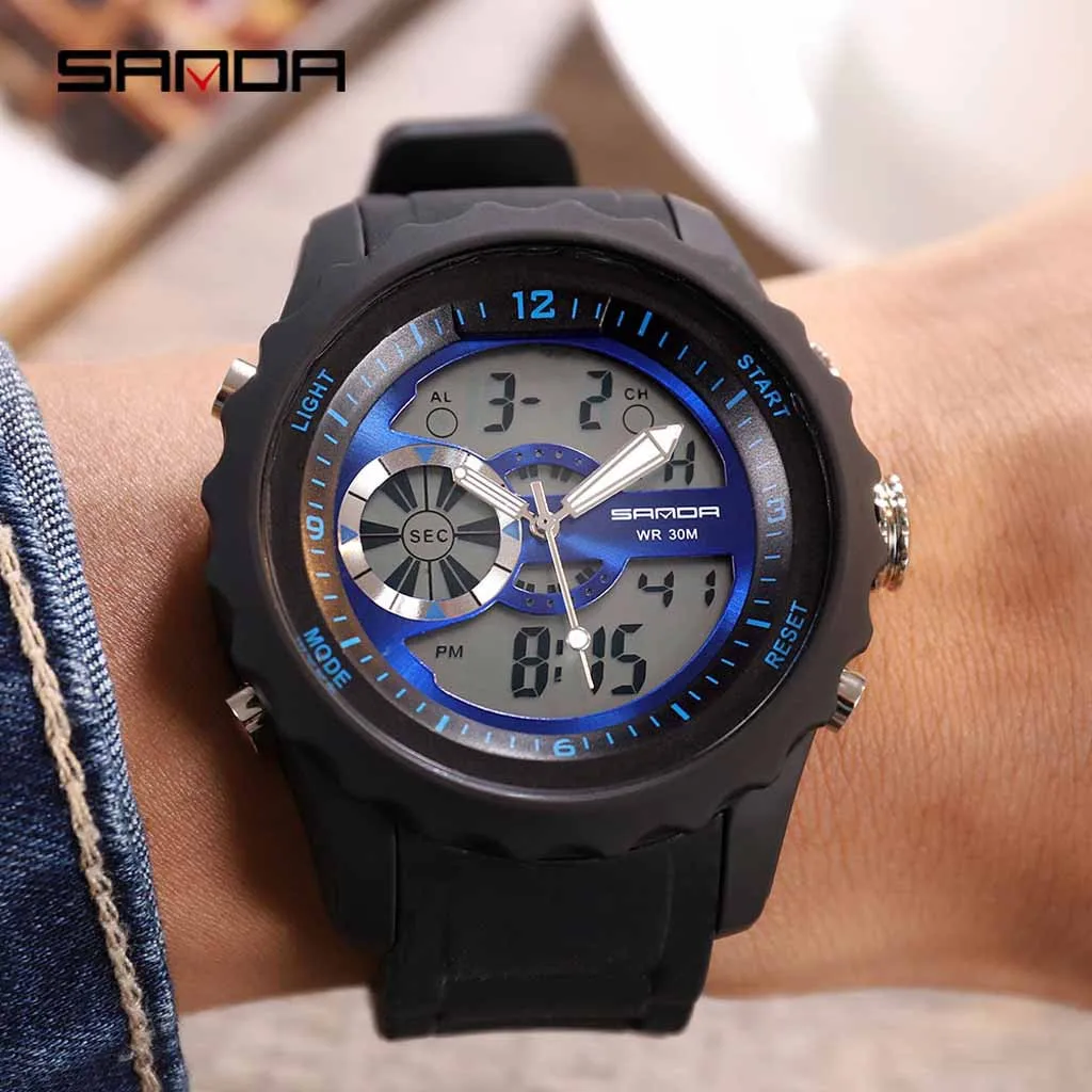 Мужские часы Sanda, мужские классические модные электронные часы, светодиодный спортивный ремень, двойной дисплей, повседневные часы, мужские часы
