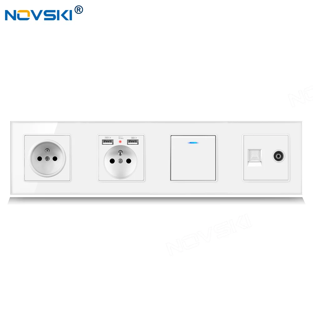 

344 EU Standard DIY Quadruple Frame Socket, French Outlet, 2.1A Dual USB Charging Plug, Data Socket German Bayer Base, White