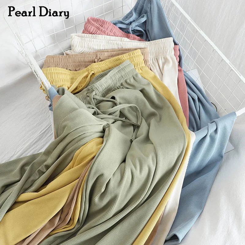 Pearl Diary Ribbed Pants Women High Waist Drawstring Drapey Long Rib Loose Pants Korean Style Spring Casual Solid Color Pants 【a sunny spring day】original handmade a5 a6 notebook covers protector book sleeve crafted fabric products diary cover，in stock