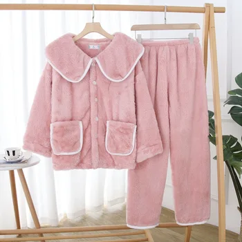 

Pijama Mujer Invierno Women Winter Flannel Pajamas Thickened Coral Plush Warm Long Sleeve Trousers Home Wear Set пижама женская