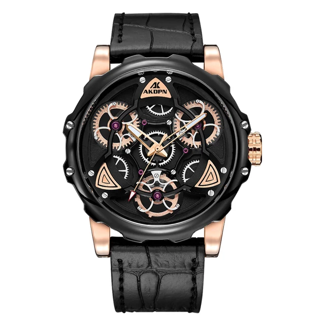AKDPN Mens Watches Top Brand Luxury Sport style Design Quartz Watch Men Blue Leather Strap 30M Waterproof Relogio Masculino Rose gold