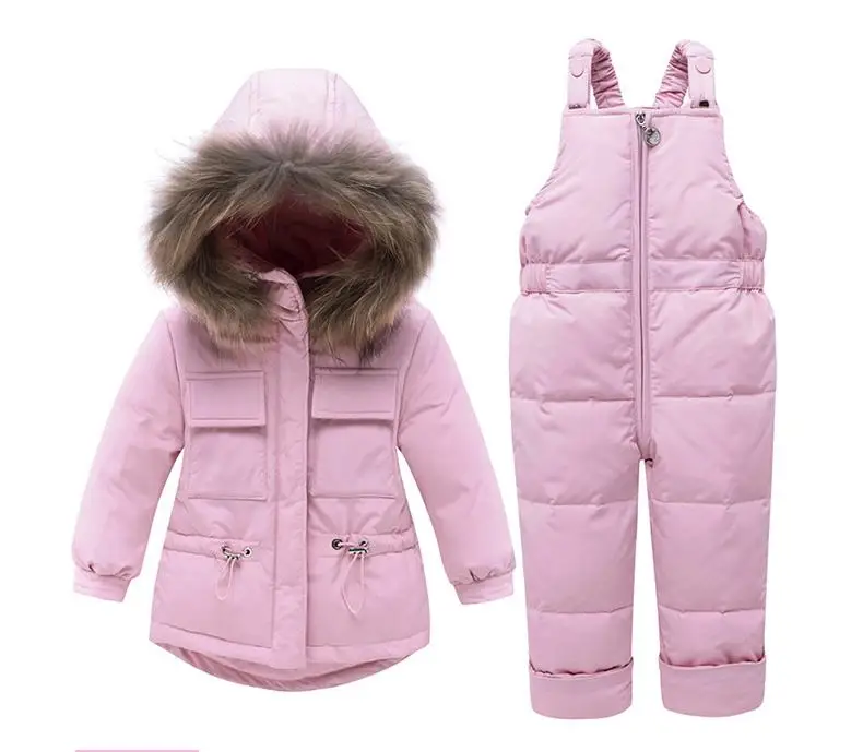 Г. Зимняя куртка-пуховик на утином пуху для маленьких мальчиков и девочек пальто с капюшоном из натурального меха енота+ комбинезон, комплект детской одежды W228