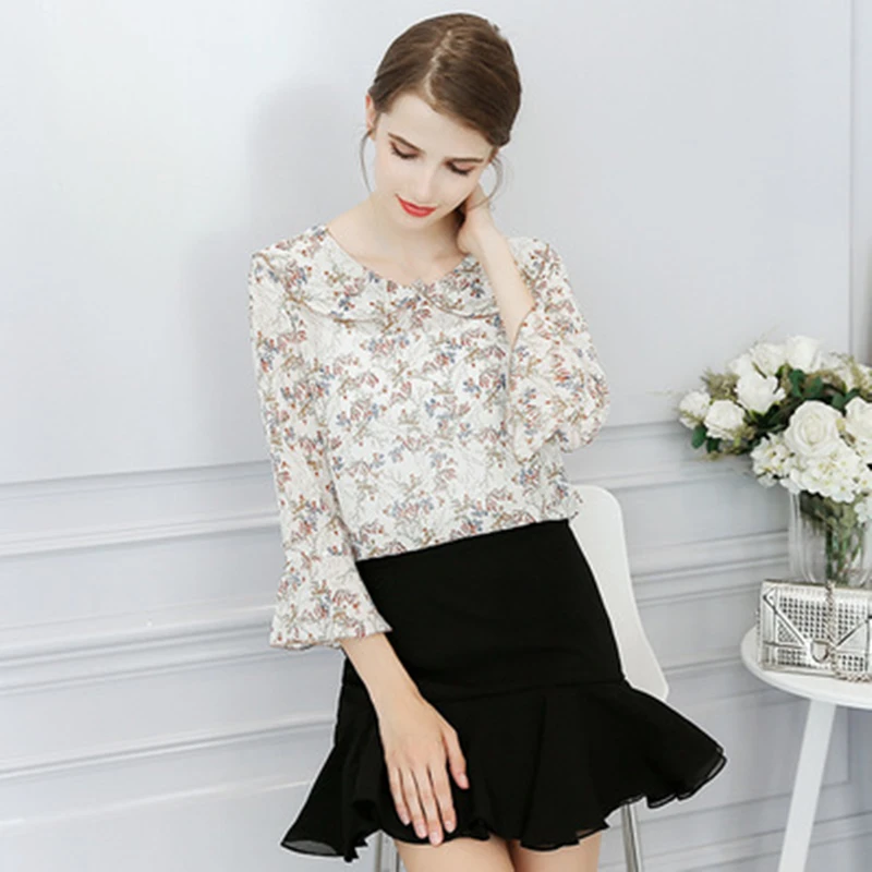 

2020 New Spring Women High Quatily Floral Blouse Ladies Autumn Fashion Chiffon Commute Shirts Female Leisure Printing Tops LT181