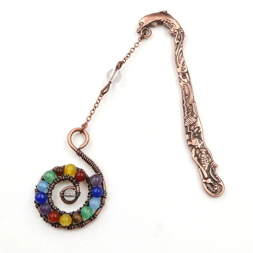 

FYJS Unique Copper Dolphin with Wire Spiral Colorful Beads Bookmark Pendant Healing Chakra Jewelry
