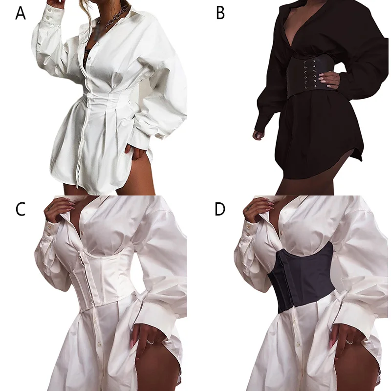 4 цвета, женское осеннее платье, модная повседневная универсальная однотонная Сексуальная Блузка в складку с глубоким v-образным вырезом, платье-рубашка, X-L Размер