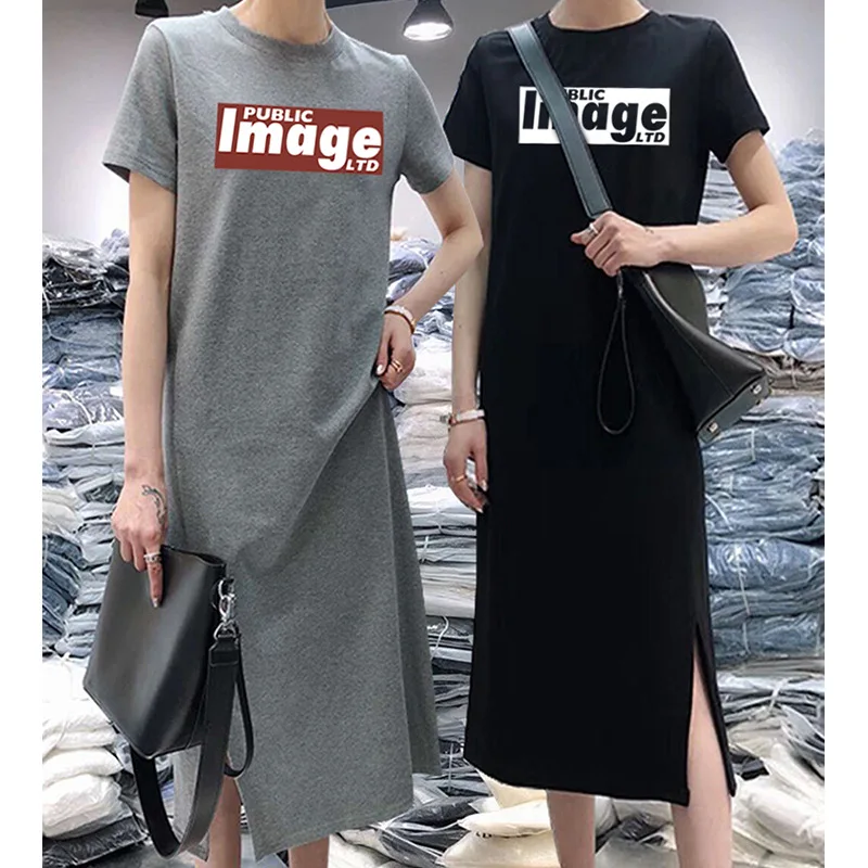 

This Week New Style Short-sleeve Dress Women's Casual Loose-Fit Mid-length over-the-Knee Base T-shirt Slit Skirt