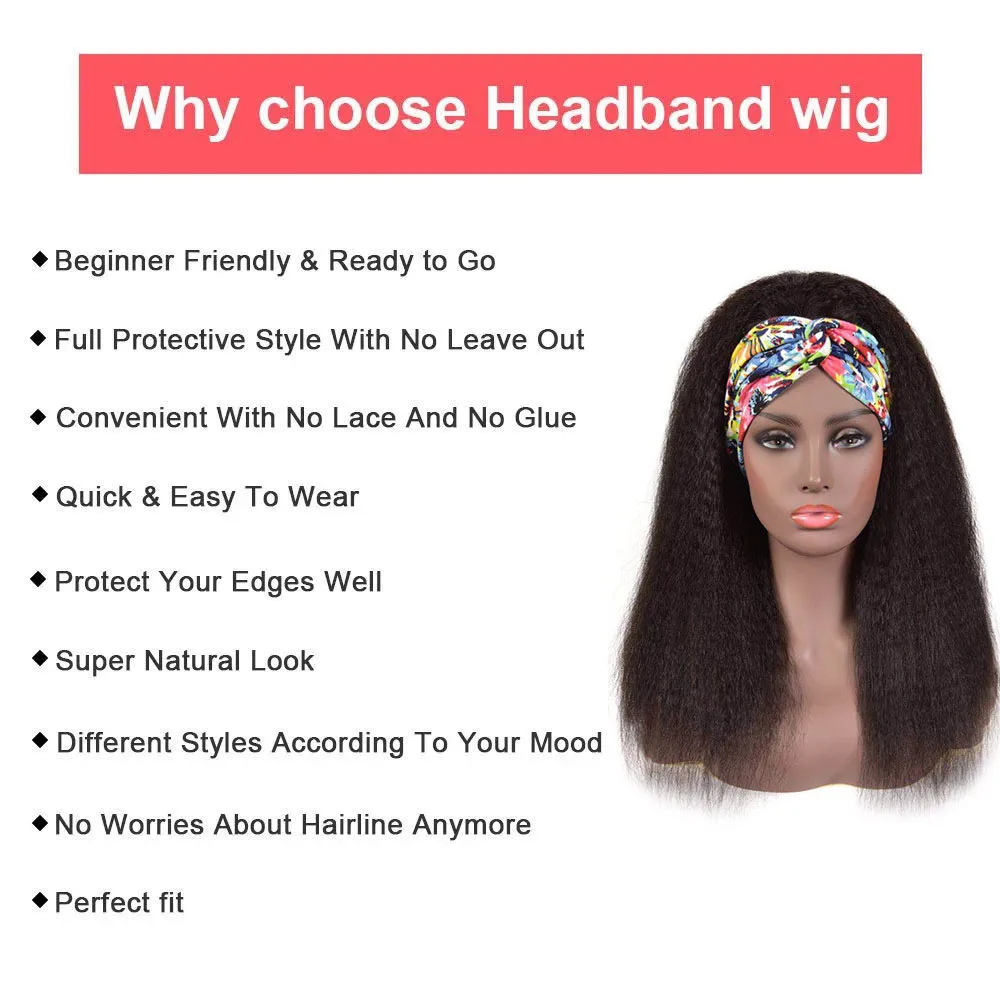 Yaki Kinky Straight Headbands Wigs Human Hair For Black Women 200% Density Remy With Random Gift Natural Color