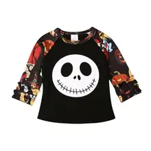 Коллекция года, модные детские лоскутные рубашки для маленьких девочек одежда на Хэллоуин хлопковая футболка с длинными рукавами и круглым вырезом и оборкой детский пуловер для девочек От 0 до 5 лет