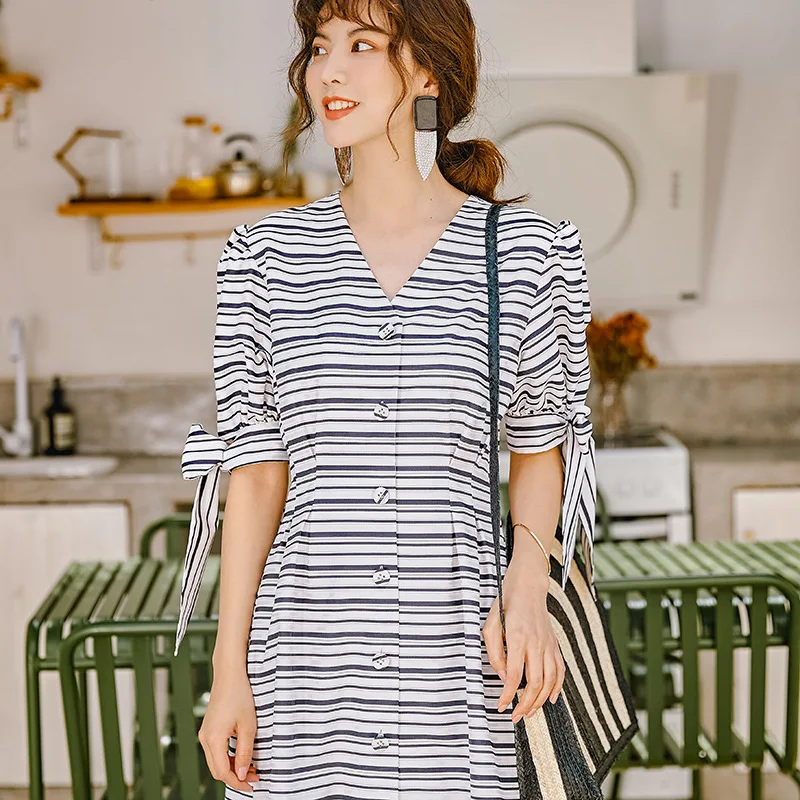 Striped black Модное летнее платье в полоску с треугольным вырезом и коротким рукавом, однобортное платье для женщин YH359 - Color: Striped black