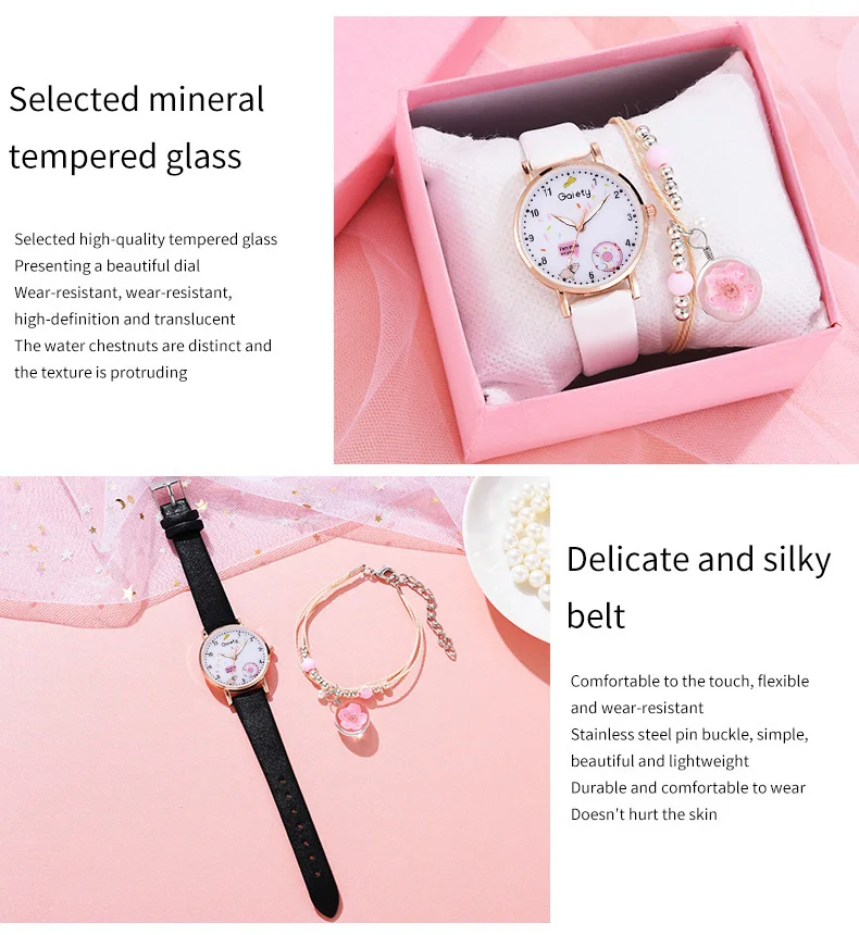 Gaiety Brand 2pcs Set Bracelet Watch For Women Unique Cartoon Pattern Pink Girls Watch Fashion Leather Ladies Clock Reloj Mujer