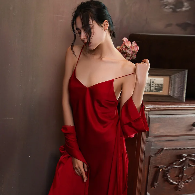 Solid Color Sleepwear Intimate Lingerie Sexy Homewear Nighty&robe Women 2Pcs Robe Nightdress Set Rayon Silk Bathrobe Nightgown