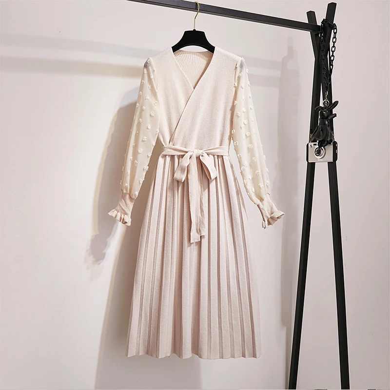 Willstage, L-4XL, плюс размер, трикотажное платье, шифон, рукав-фонарик, пэчворк, плиссированные платья, для женщин, талия, бант, на шнуровке, негабаритный
