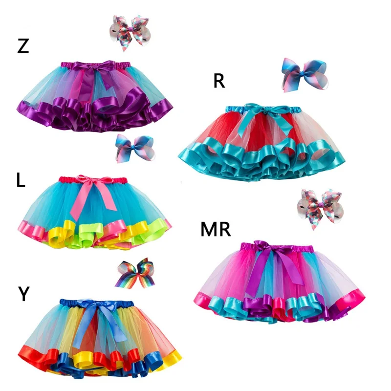 Юбка для маленьких девочек 2-7 лет, новая летняя сетчатая юбка радужного цвета с завышенной талией, милая короткая плиссированная юбка+ повязка на голову