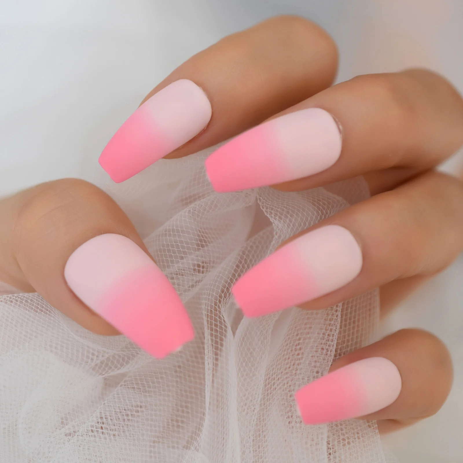24pcs Peach Pink Ombre Fake Nails Press On Matte Long Coffin Artificial Nail  Tips Acrylic Square Flat Nail Art By Echiq - False Nails - AliExpress