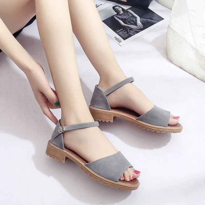Women Sandals Fashion Open Toe Shoes Suede Buckle Strap Casual Dress