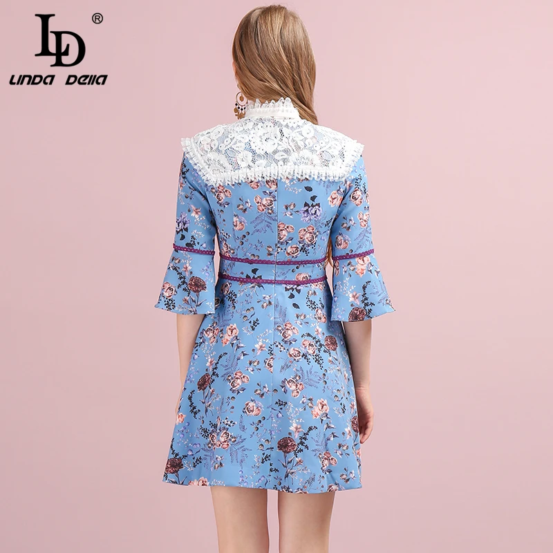 LD Linda della осеннее женское платье модный Дизайнерский Костюм с расклешенными рукавами великолепный Бисер цветочный принт стройнящие женские платья