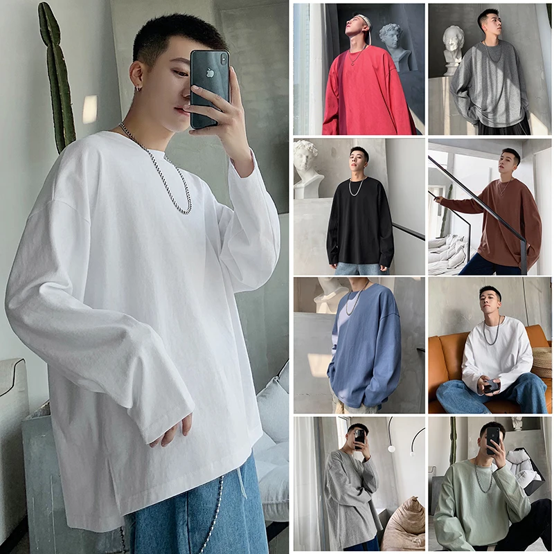 

Privathink 2020 Men's White Tees Casual O-neck Long Sleeve Spring T shirts Harajuku Solid Color Pullovers 8 Colors Ovesize Tops