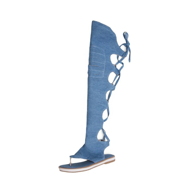 Sandalias planas informales romanas para mujer, zapatos de gladiador de moda hasta la rodilla, botas de playa para verano