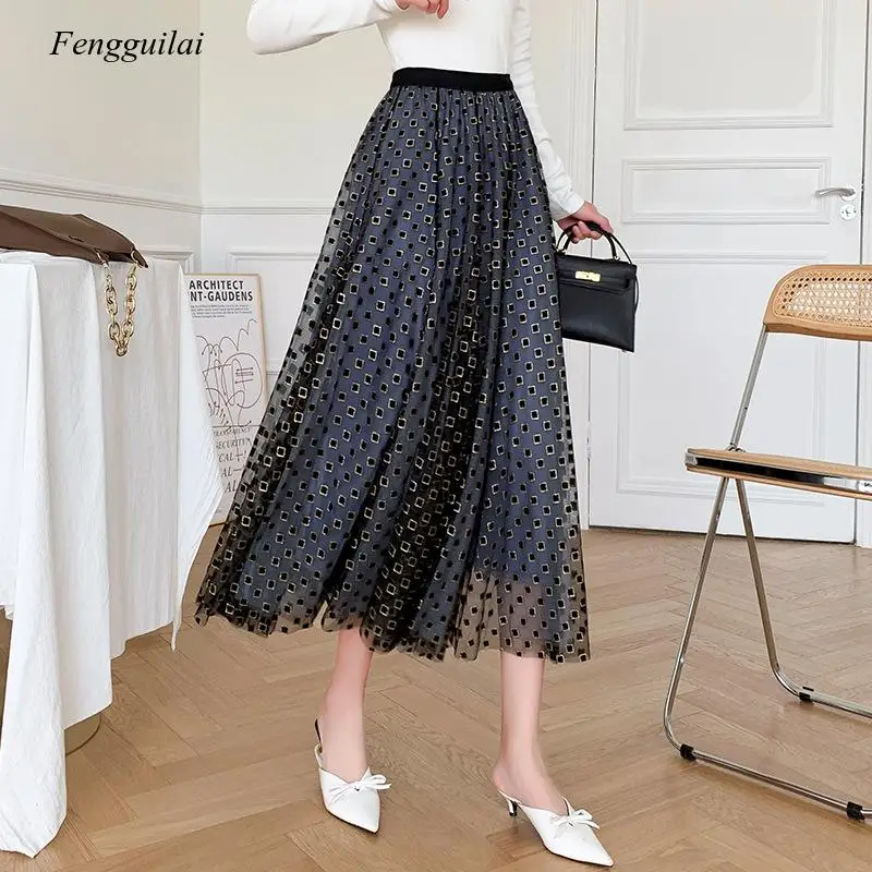 

2021 Autumn Heavy Work Plaid Womens Winter Women's Mid-Length New High Waist Elegant Tulle Print Skirt