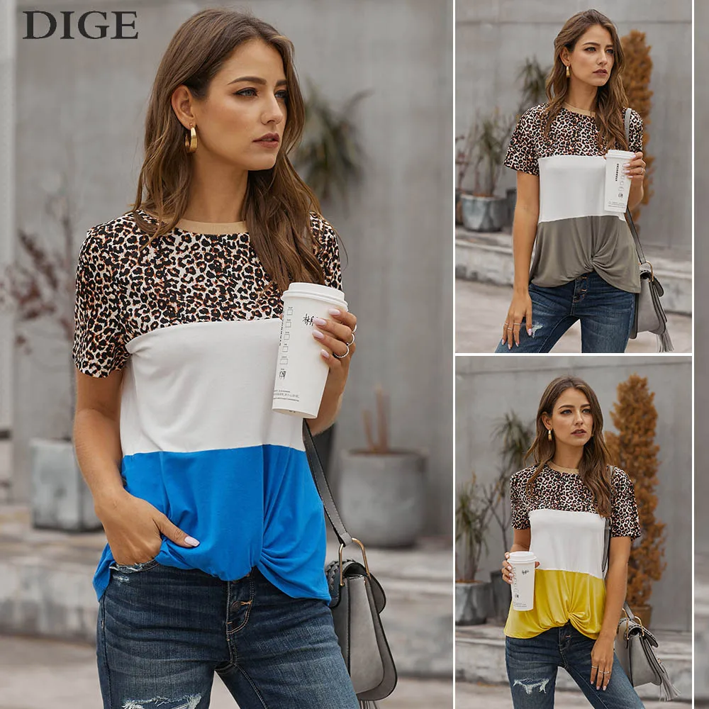 

2020 Short-sleeved t-shirt Women Leopard Stitching Urban Casual New Simple O-neck Slim Women's t-shirt Clothing B0552