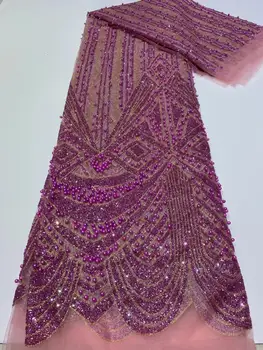 

2020 African Tulle lace with beads Latest shining French net lace fabric rose pink full sequins African lace high quality