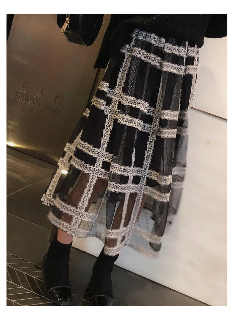 MISHOW autumn plaid pleated skirt women causal elastic waist mesh Mid-length black skirt MX18D1879