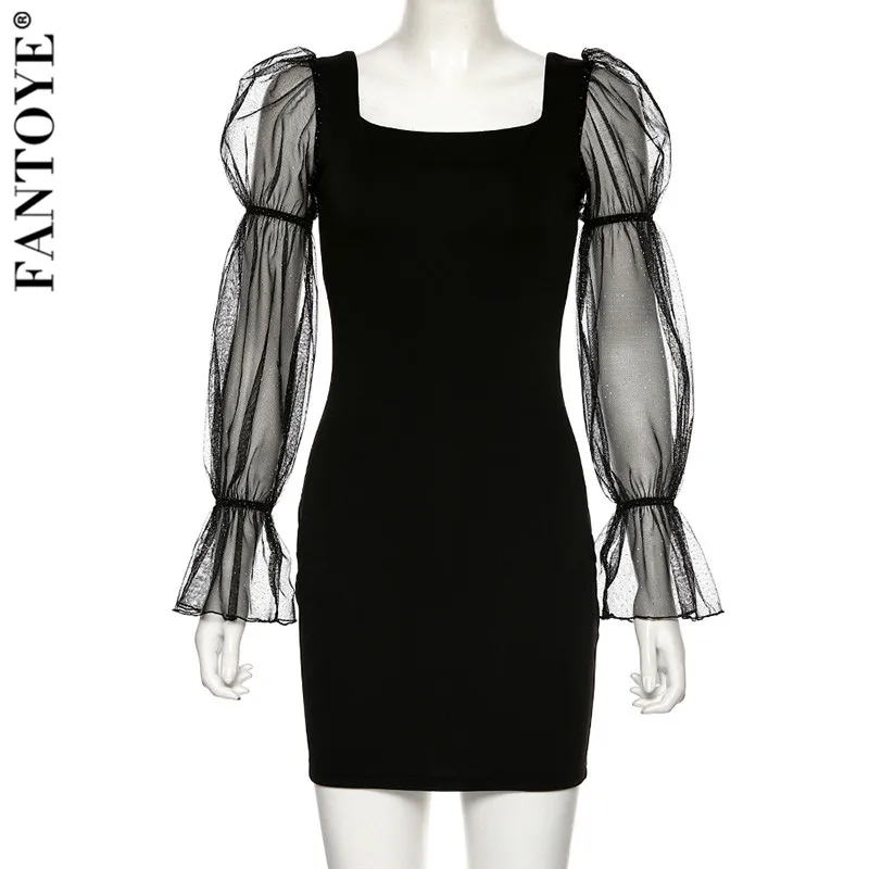 Fantoye Новое Кружевное женское мини-платье с пышными рукавами обтягивающее Сетчатое облегающее платье Дамское сексуальное осеннее прозрачное черное платье с открытой спиной