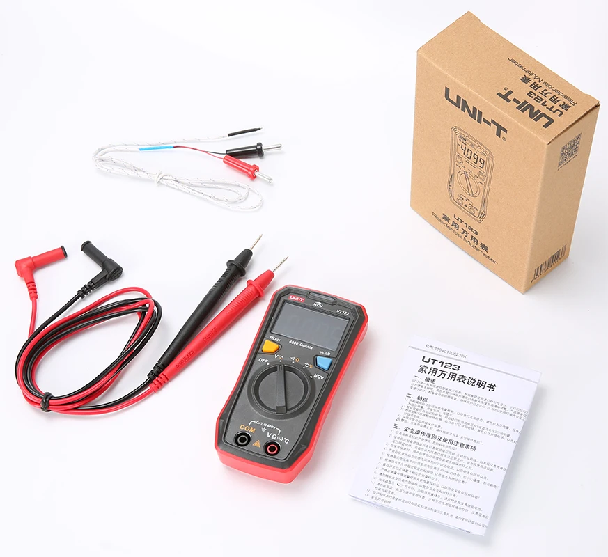 UNI-T UT123 Mini Digital Multimeter Auto Range Data hold AC DC Volt Meter Ohm Temperatue NCV/Continuity Tester EBTN Display