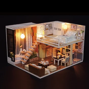 

DIY Miniature Loft Dollhouse 3D Wooden House Toys Handmade Crafts with LED Lights Christmas Birthday Gift Miniature Furniture