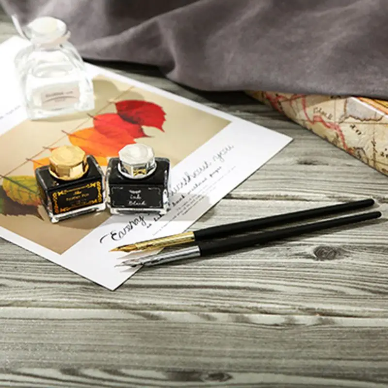 1 Set Retro Dip Pen with Writing Ink Vintage English Calligraphy Dip Pen Fountain with Ink Nibs Set Office Stationery