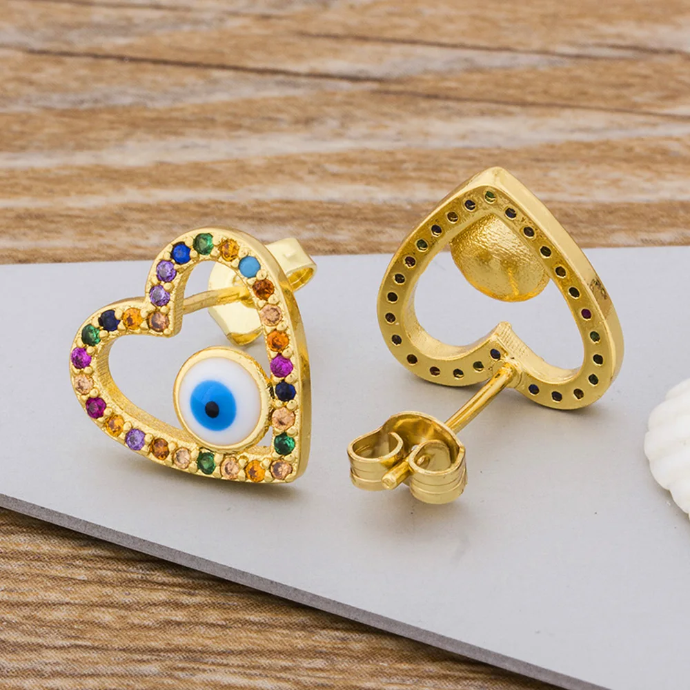 Fashion Modern Heart Evil Eye Copper Rainbow CZ Stud Earrings Gold Color Charms Women Jewelry Gift For Female Girls | Украшения и