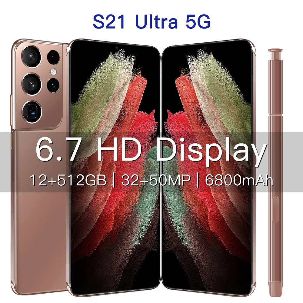 Smartphones Samsun S21 Ultra 6.7“ 68000Mah Qualcomm 888 16GB RAM 512GB ROM Andriod11.0 50MP Dual SIM CellPhones